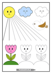 Karta pracy grafomotoryka rysowanie po śladzie wiosna kwiaty ptaki chmurki słońce